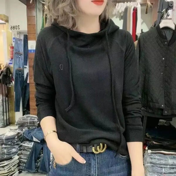 Spring Autumn New Fashion Solid Long Sleeve T-Shirts Women's Clothing Sweatshirt Casual Hooded Simplicity Thin Chic Korean Tops - Image 4
